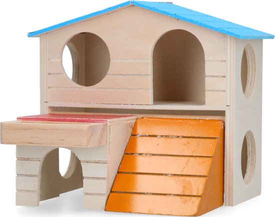 Pawise Colorful 2 story house – Om te spelen, te rusten of aan te knagen – Geschikt voor kleine knaagdieren – Speelhuisje voor knaagdieren – Hout – 2 verdiepingen – H16xL17xB9cm