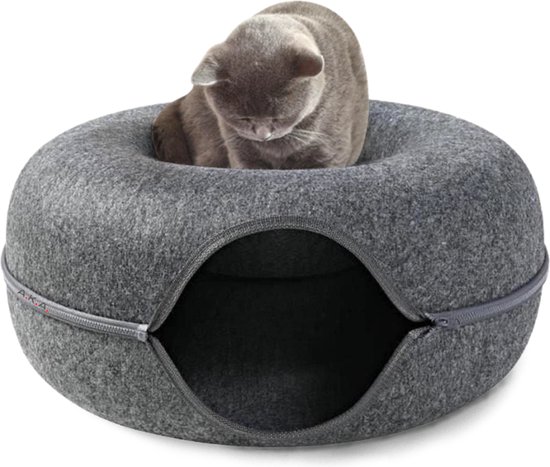 A.K.A. Kattentunnel en kattenmand in-1 – Kattenspeelgoed speeltunnel kattenhuis – kattenhol rond kattenspeeltjes - cat cave donut - antraciet vilt