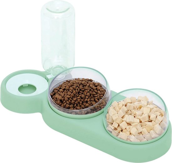 Dubbele bak voor katten, 15° helling, anti-braken, kattenbak, 3-in-1 voederbak katten, met automatische waterdispenser, dubbele voerbak voor kleine en middelgrote katten en honden (groen)