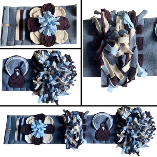 Snuffelmat voor honden en katten. Snuffelmat maat M in de kleuren jeansblauw/lichtblauw/bordeau/creme. Hersenwerk voor huisdieren. MadeByShuko. Snuffelkleed-Speelkleed-Voerkleed-Hondenpuzzel-Voerpuzzel-Slowfeeder-Intelligentie speelgoed hond/kat