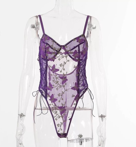 Embroidered Lingerie Body Body Suit Teddy Strap Underwear Paars