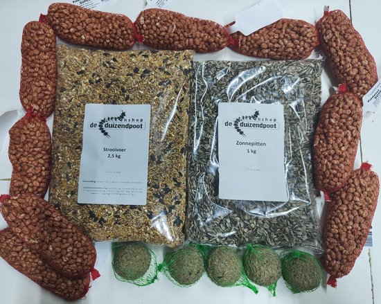 Vogelvoer pakket- wintervoer vogels- 2,5 kg strooivoer- 1 kg zonnebloempitten- 10 pindanetjes- 5 mezenbollen