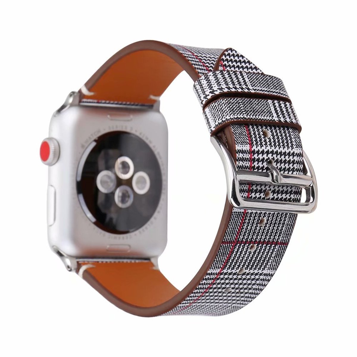 bandje geschikt voor Apple Watch leren bandje Pied-de-poule met klassieke zilverkleurige gesp 42mm-44mm zwart - wit - rood Watchbands-shop.nl