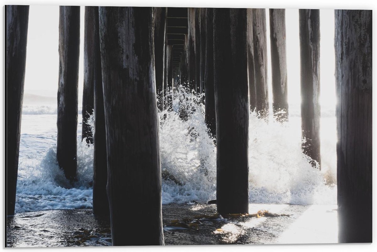 Dibond - Palen van een Pier in het Water - 60x40cm Foto op Aluminium (Met Ophangsysteem)