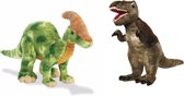 Setje van 2x knuffel dinosaurussen T-rex en Parasaurolophus