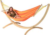 Hangmat met Standaard Eénpersoons 'Wood & Relax' Orange | Complete hangmatset | Bevestiging inclusief | 120 KG | 352 CM | Polycotton + Vurenhout (FSC® Mix) | 1% For The Planet | Tropilex