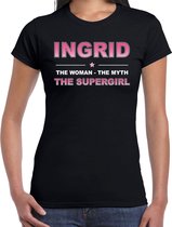 Naam cadeau Ingrid - The woman, The myth the supergirl t-shirt zwart - Shirt verjaardag/ moederdag/ pensioen/ geslaagd/ bedankt L