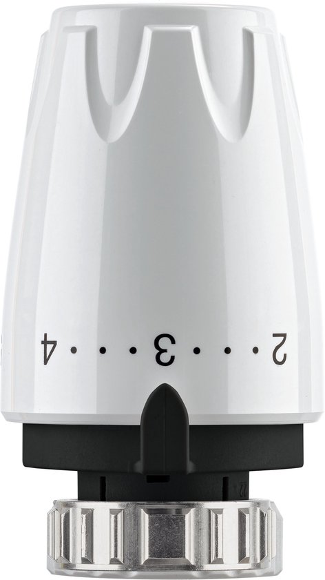Witte thermostaatknop met instelbare standen 1-4.