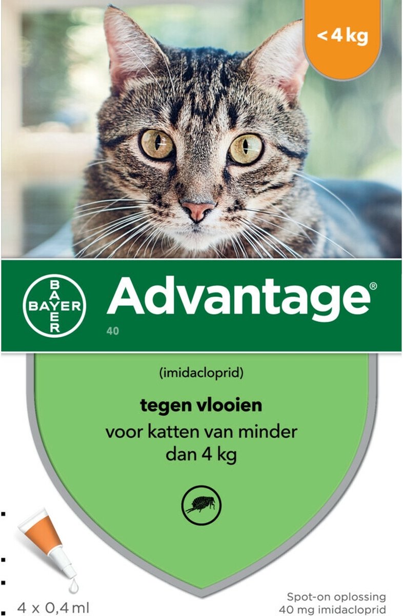 Advantage 40 Tegen Vlooien - <4kg - 4 x 0,4 ml - Adult - Bayer