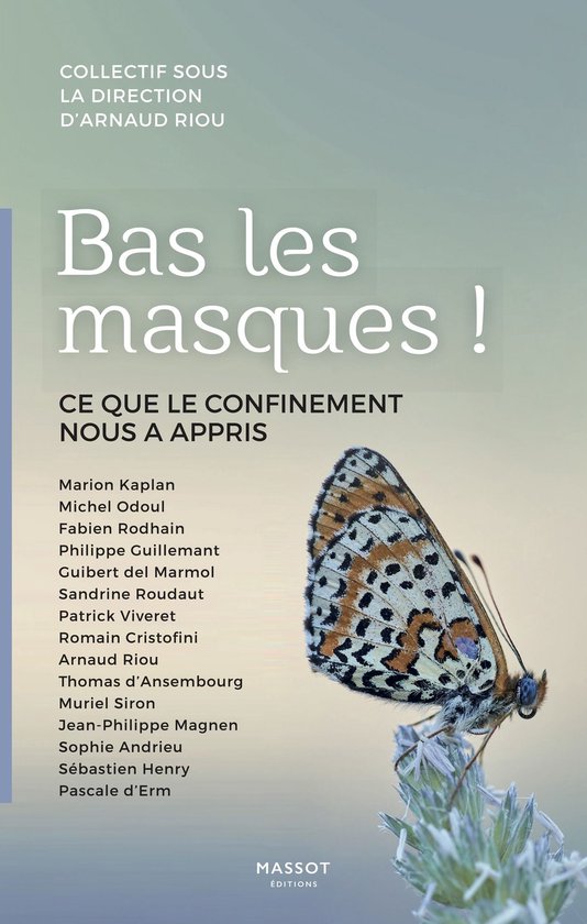 Boek kaft met de titel 'Bas les masques! Ce que le confinement nous a appris' en een vlinder.