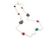 Zilveren halsketting collier halssnoer roos goud verguld Model Golden Colors gezet met groene en fushia roze stenen