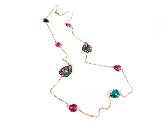 Zilveren halsketting collier halssnoer roos goud verguld Model Golden Colors gezet met groene en fushia roze stenen