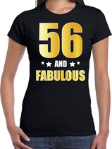 56 and fabulous verjaardag cadeau t-shirt / shirt - zwart - gouden en witte letters - voor dames - 56 jaar verjaardag kado shirt / outfit XS