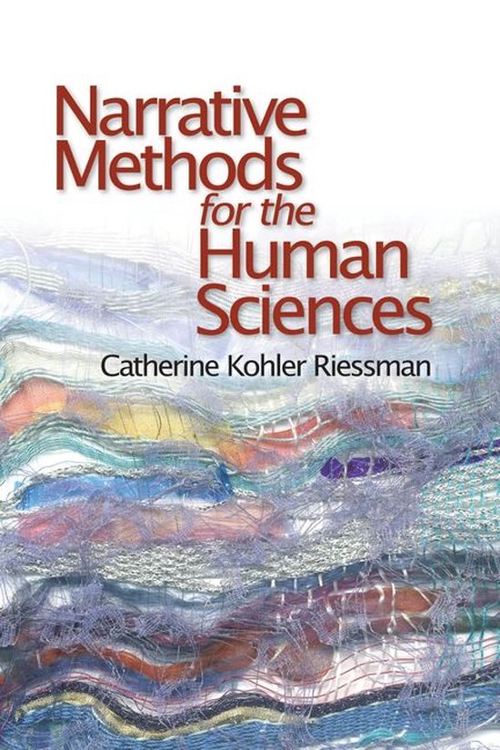 Couverture du livre 'Narrative Methods for the Human Sciences' par Catherine Kohler Riessman, avec un fond abstrait de tissus tissés dans des tons de bleu, violet, orange et blanc.