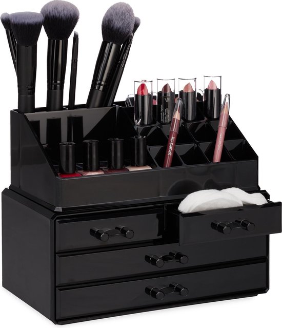 Relaxdays make-up organizer - tweedelig - cosmetica opbergdoos - lippenstift houder - zwart