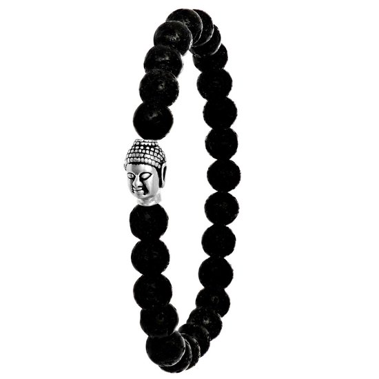 Lucardi Heren Armband met lava stenen boeddha - Staal - Armband - Cadeau - Vaderdag - 19 cm - Zilverkleurig