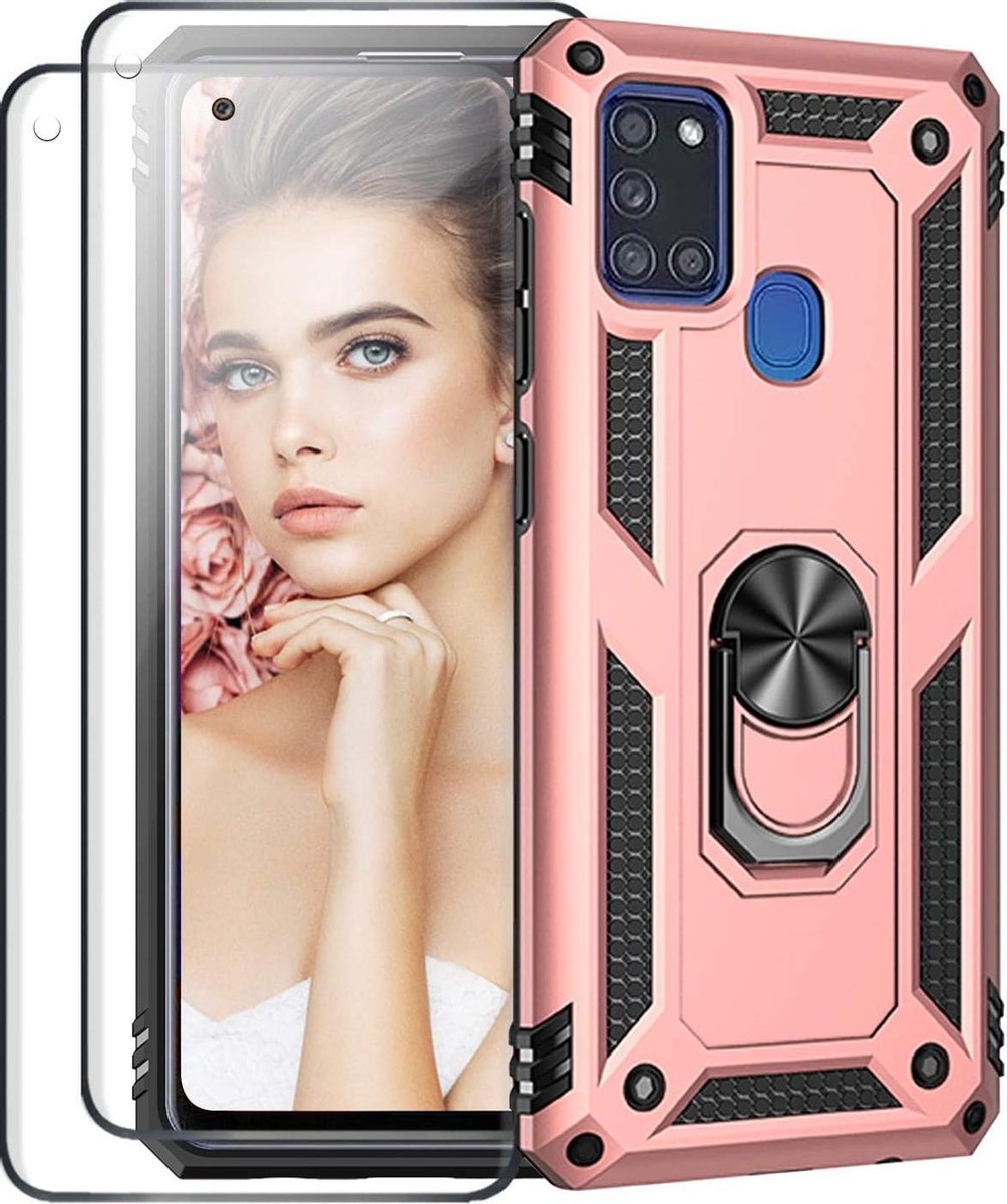Telefoonhoesje Geschikt voor: Samsung Galaxy M21 hoesje Schokbestendige ring armor met 2X volledige schermdekking Screenprotector rose goud