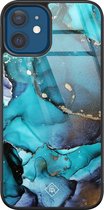 iPhone 12 hoesje glass - Marmer indigo blauw | Apple iPhone 12  case | Hardcase backcover zwart