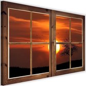 Schilderij zonsondergang door raam, 2 maten, oranje/bruin, Premium print
