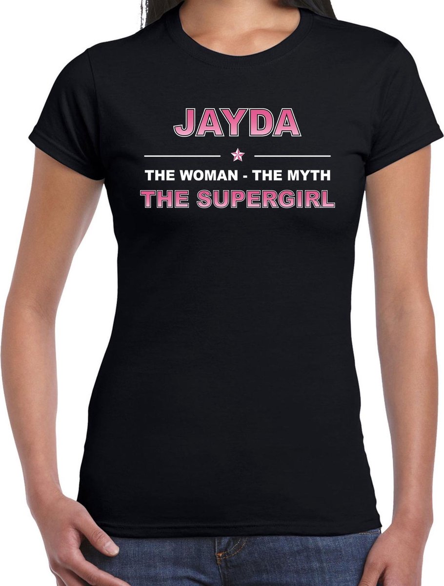 Naam cadeau Jayda - The woman, The myth the supergirl t-shirt zwart - Shirt verjaardag/ moederdag/ pensioen/ geslaagd/ bedankt S - Bellatio Decorations