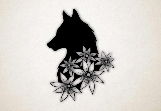 Wanddecoratie - Wolf met bloemen - M - 83x60cm - Zwart - muurdecoratie - Line Art