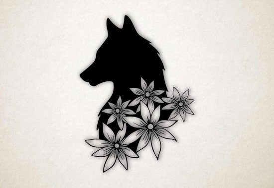 Wanddecoratie - Wolf met bloemen - S - 60x44cm - Zwart - muurdecoratie - Line Art