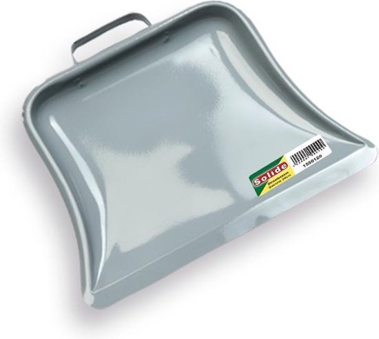 Een grijs metalen stofblik met een handvat. Op de voorkant staat 'solide' met een streepjescode.