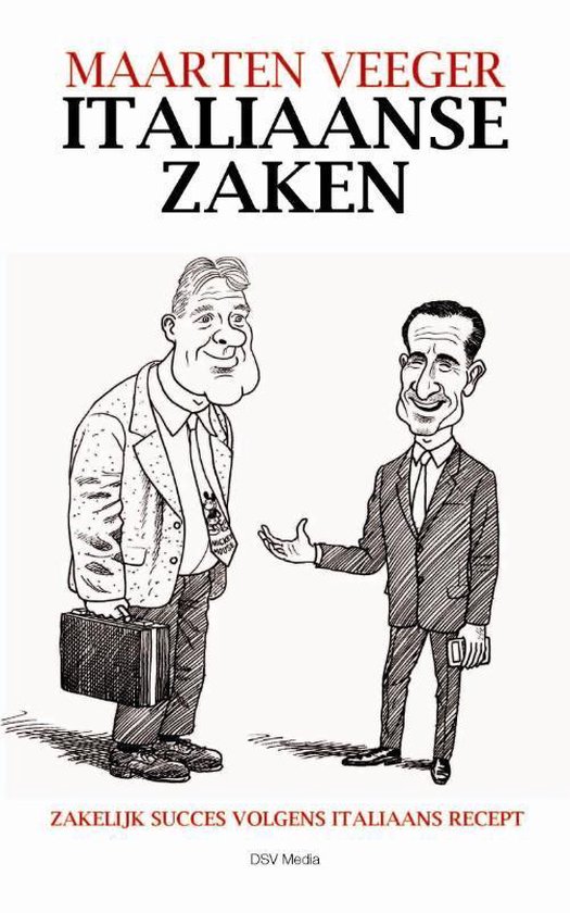 Boekomslag 'Italiaanse Zaken' met tekening van twee mannen in pak.