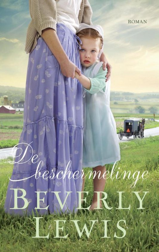 Boekcover met een vrouw in een paarse jurk en een klein meisje in een lichtblauwe jurk, met een boerderij en koets op de achtergrond.