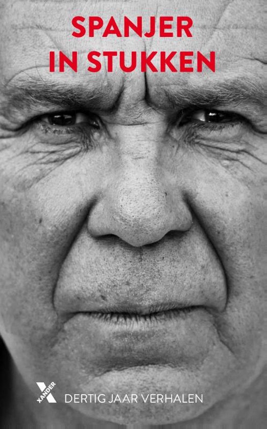 Close-up van een gezicht van een oudere man met rode tekst 'SPANJER IN STUKKEN'.
