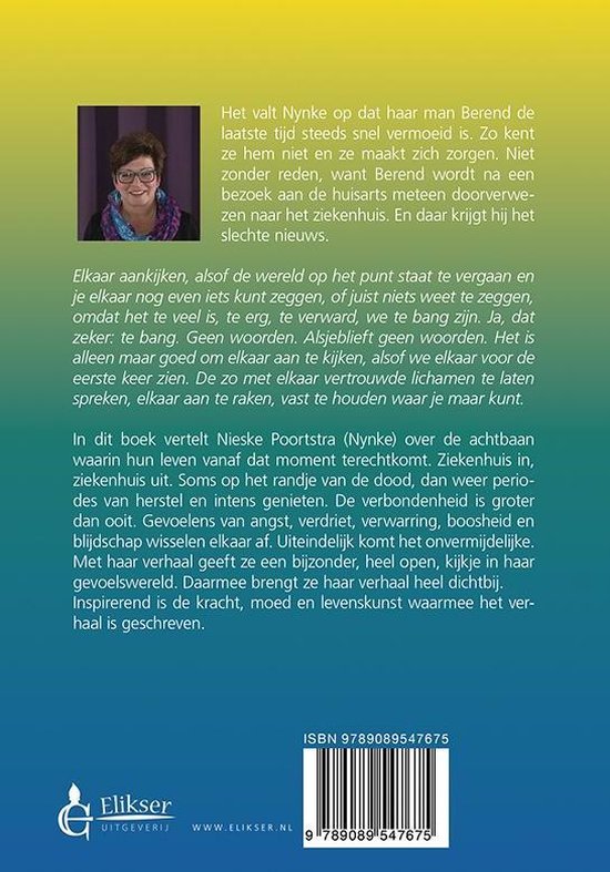 Achterkant van een boek met een foto van de auteur, Nieske Poortstra, en een samenvatting van het boek. ISBN 9789089547675.