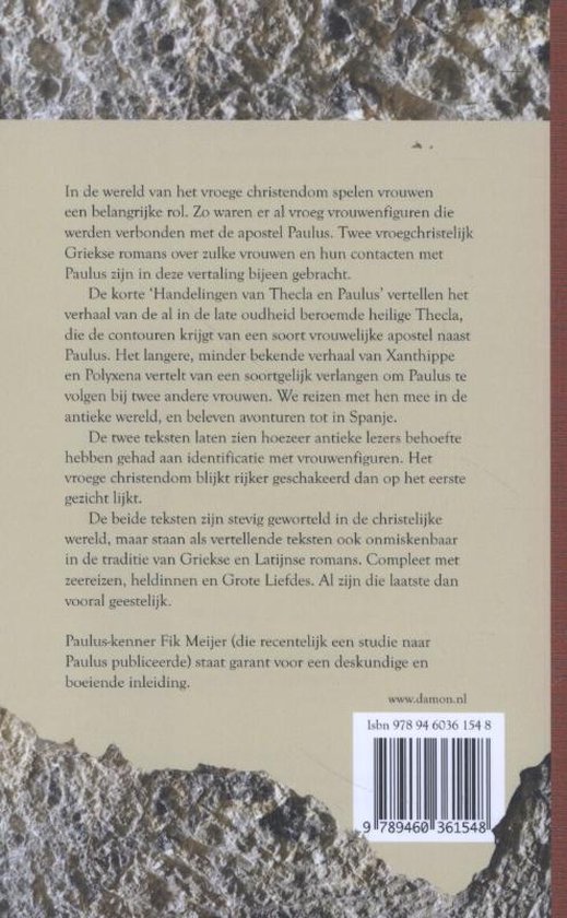 Achterkant boek "Vrouwen naast Paulus" met tekst en streepjescode.