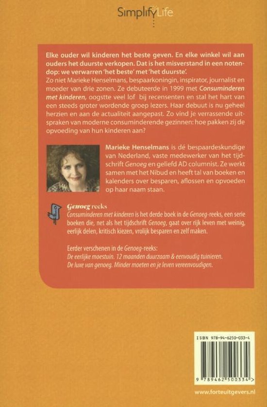 Achterkant van het boek 'Consuminderen met kinderen' met een foto van Marieke Henselmans en boekbeschrijving.
