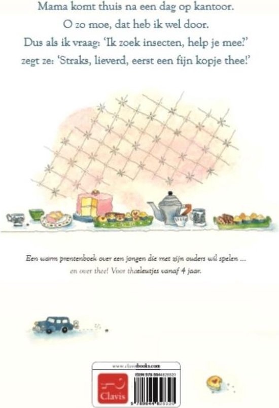 Kinderboek met illustratie van een tafel met gebak, een theepot en kopjes. Auto rijdt langs.
