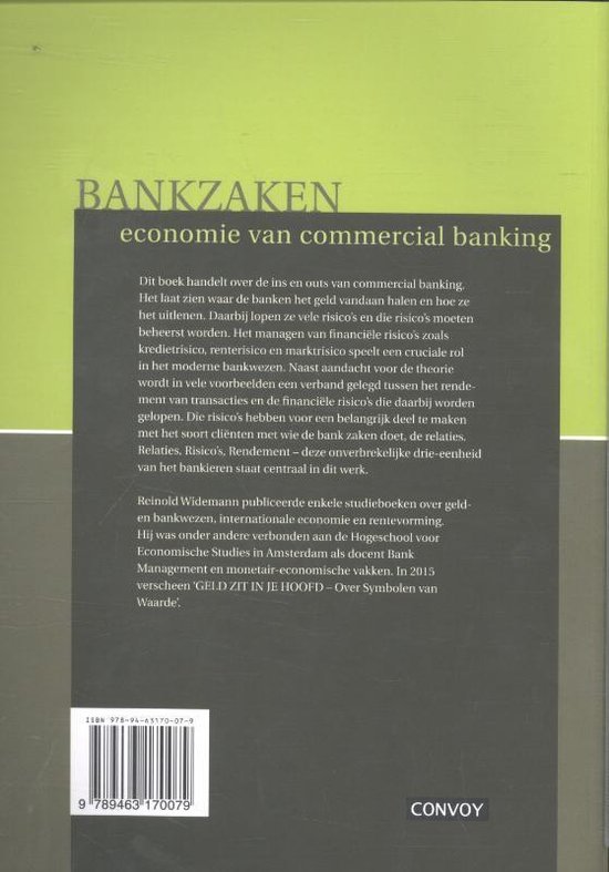 Boek 'Bankzaken: economie van commercial banking' met achtergrond van grijsgroene tinten en tekst.