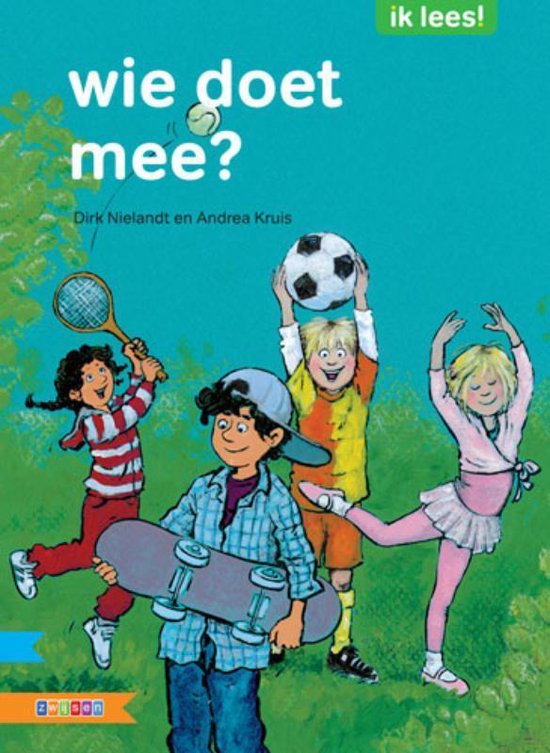 Boek "Wie doet mee?" met illustratie van vier kinderen die sporten: tennissen, skateboarden, voetballen en dansen.