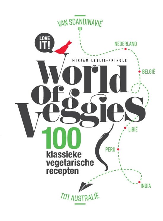 Boekcover 'World of Veggies' met titel, auteursnaam, en groene stippellijn die locaties verbindt.