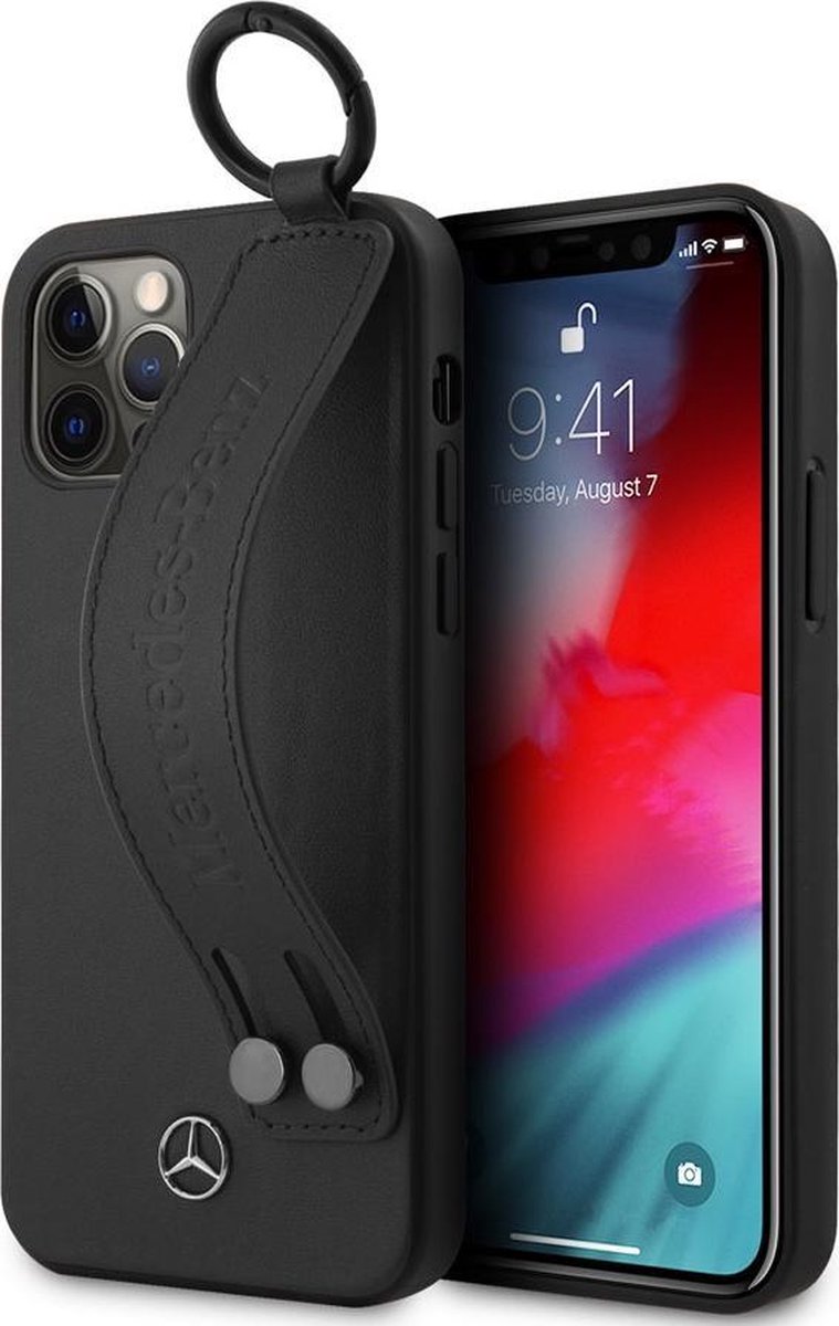 Mercedes-Benz Hand Strap Back Case - Geschikt voor Apple iPhone 12/12 Pro (6.1") - Zwart