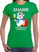 Pinguin Kerst shirt / Kerst t-shirt Shame penguins with champagne groen voor dames - Kerstkleding / Christmas outfit S