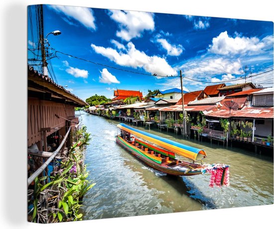 Canvas Schilderij Boot in een rivier bij de drijvende markt in Thailand - 30x20 cm - Wanddecoratie