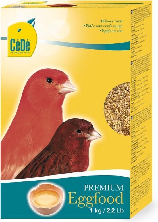 Cédé Premium Eggfood Eivoer Rood met rode kanaries en een gebroken ei.