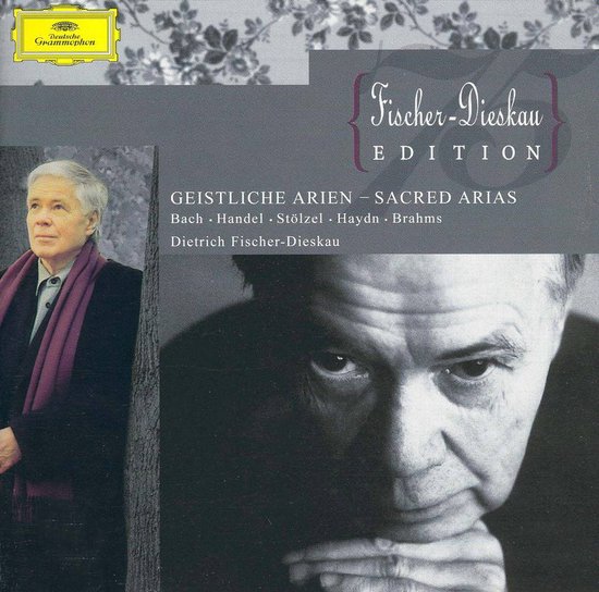 Portret van Dietrich Fischer-Dieskau, met op de achtergrond de tekst 'Fischer-Dieskau EDITION GEISTLICHE ARIEN - SACRED ARIAS'.
