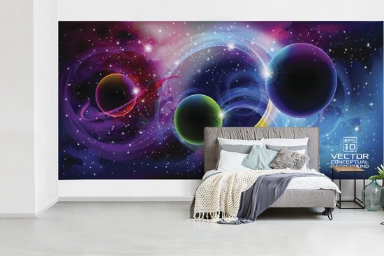 Fotobehang vinyl - Illustratie van het heelal gevuld met sterren en  planeten breedte... | bol.com