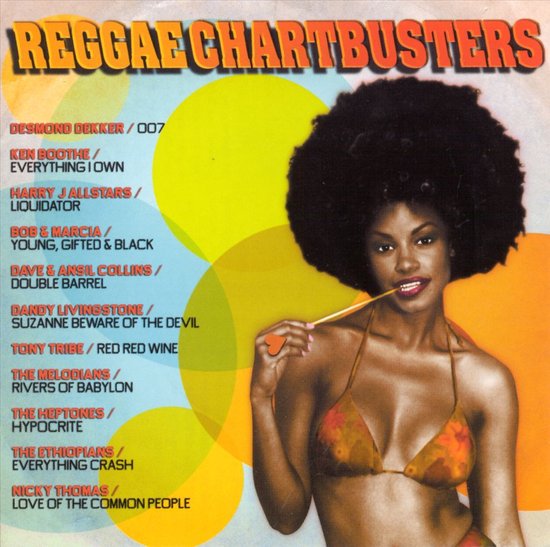 Reggae Chartbusters albumhoes met vrouw met grote afro-kapsel, oranje bikini, achtergrond met gele en oranje cirkels.