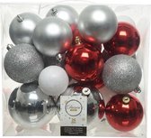 26x Kunststof kerstballen mix zilver-rood-wit 6, 8, 10 cm - Kerstversiering/kerstdecoratie