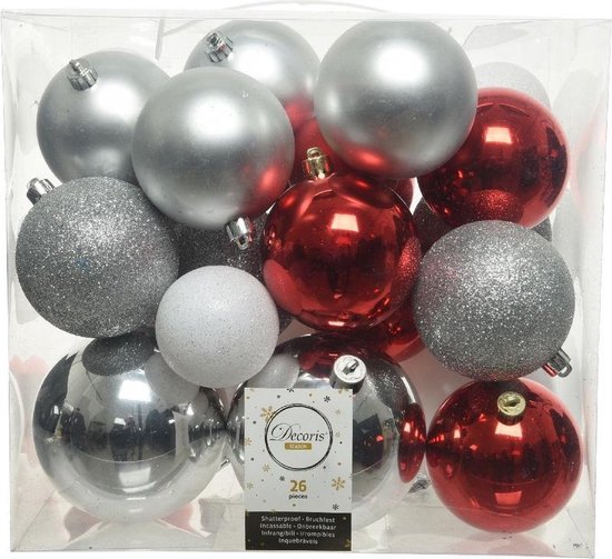Kerstballen - 26x st - zilver/rood/wit - 6, 8, 10 - kunststof - kerstversiering