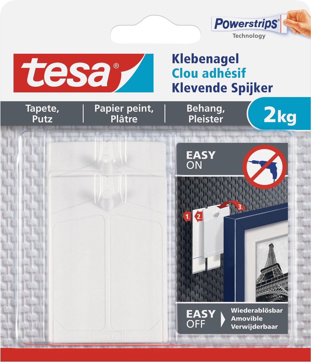 8x stuks Tesa klevende spijkers - wit - voor gevoelige oppervlakte als behang en pleisterwerk - draagkracht 2 kg - spijker / schroeven