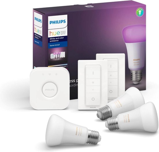 Philips Hue starterspakket - White and Color Ambiance - E27 - 3 lampen - 1 bridge - 2 dimmerswitch