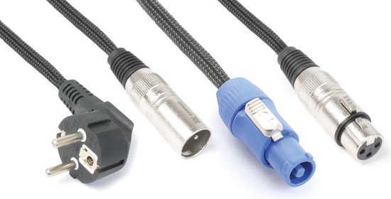 Combikabel met een stekker, XLR-connector en een blauwe Speakon-connector.