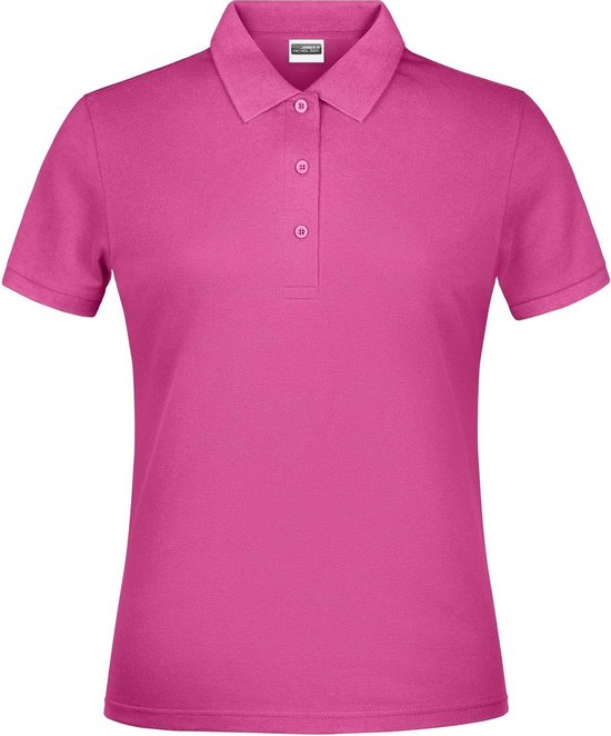 Dames polo in fel roze met korte mouwen en een kraag. Het shirt heeft een gebreide structuur en knoopsluiting.
